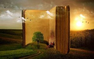 livro aberto e paisagem em auto relevo